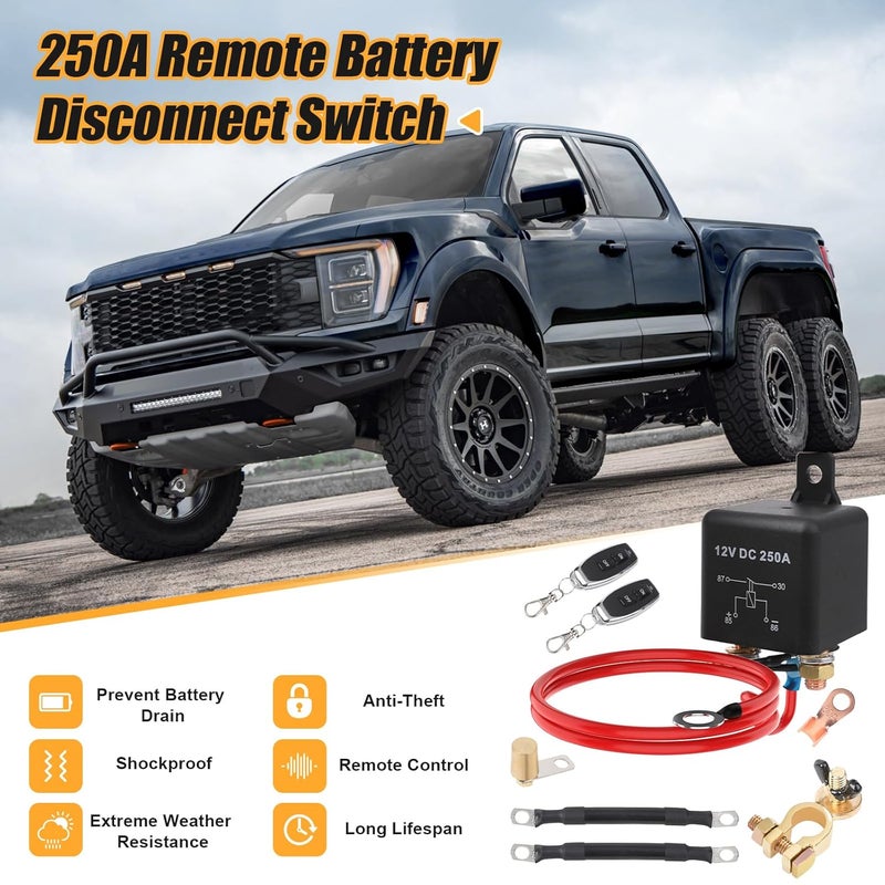 FEITON 2G 250A Remote Battery Disconnect Switch & 5 AWG Battery Cables, DC12V Top Post Negative Battery Kill Switch for Car RV Truck Wireless Anti-Theft Prevent Battery Drain(450A Starting Current) - Image 2